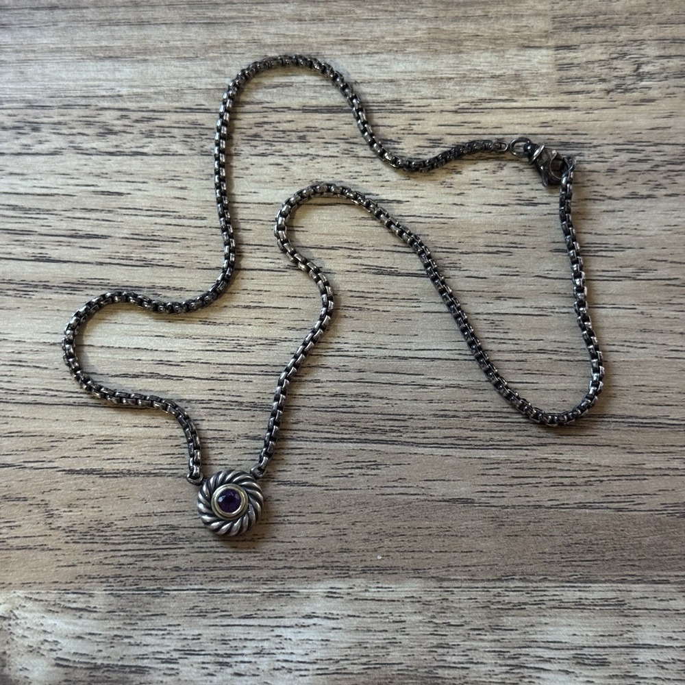 DAVID YURMAN 14K Gold Sterling Silver Amethyst Pendant 16" Choker Necklace 13g